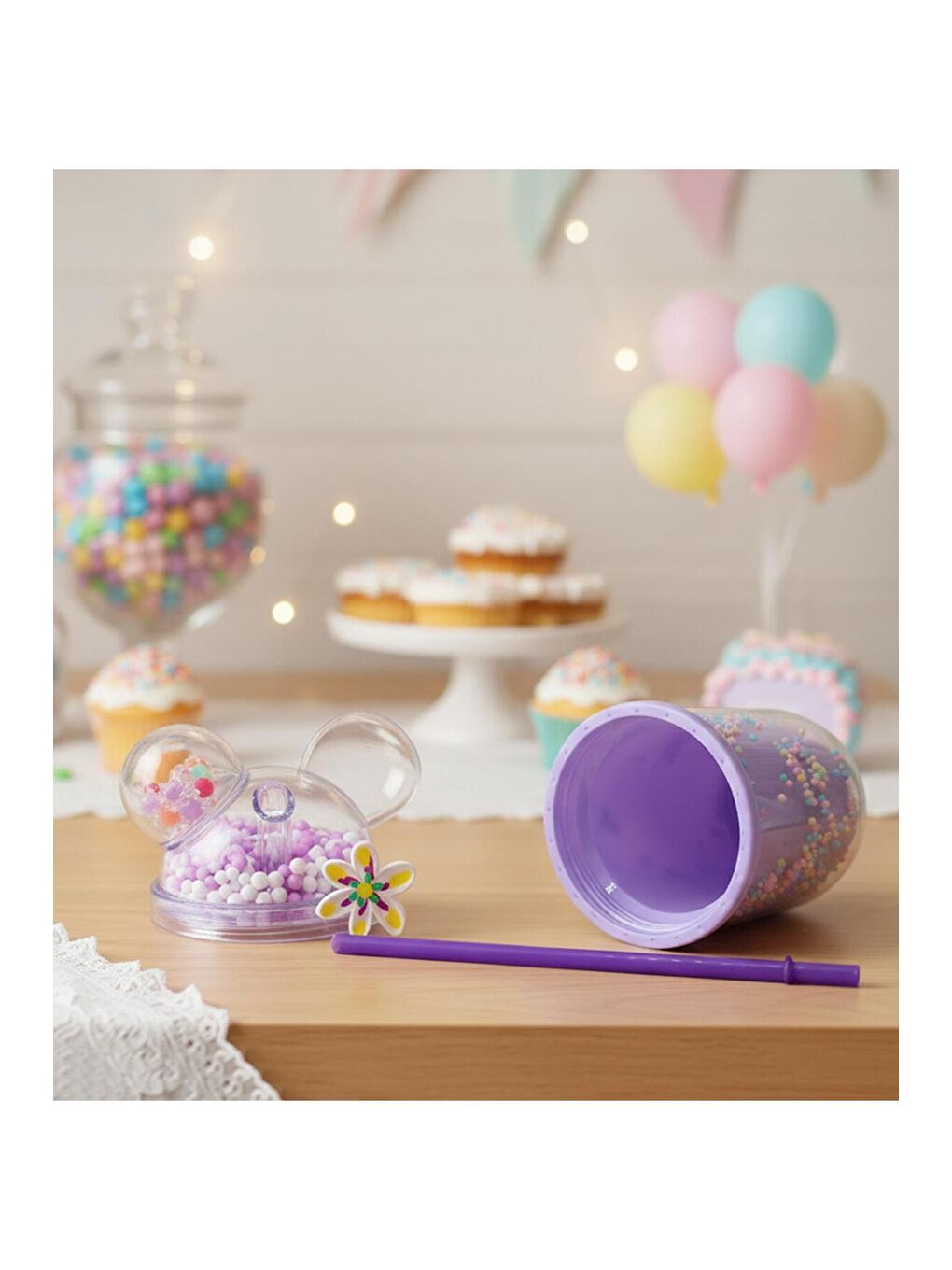 Mor Kawaii Boncuk Kapaklı Pipetli Bardak 350 ML-1