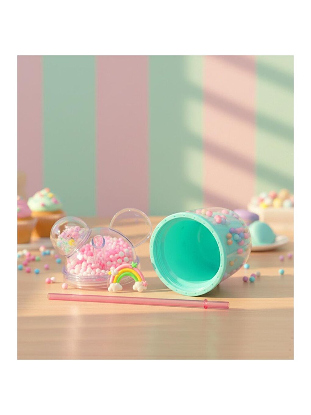 Turkuaz Kawaii Boncuk Kapaklı Pipetli Bardak 350 ML-1