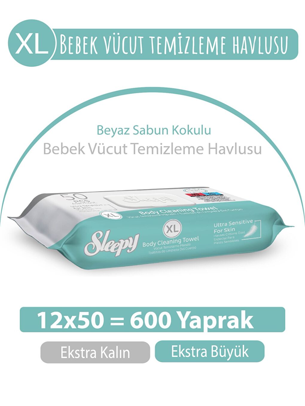 XL Beyaz Sabun Kokulu Bebek Vücut Temizleme Havlusu 12x50 (600 Yaprak)