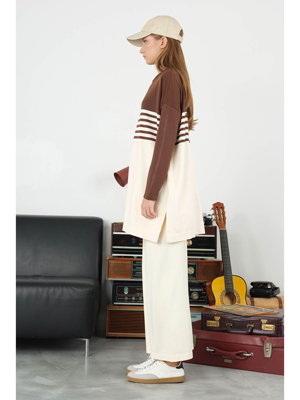 Kahverengi Çizgili Triko Kazak Kahve-Ekru-3