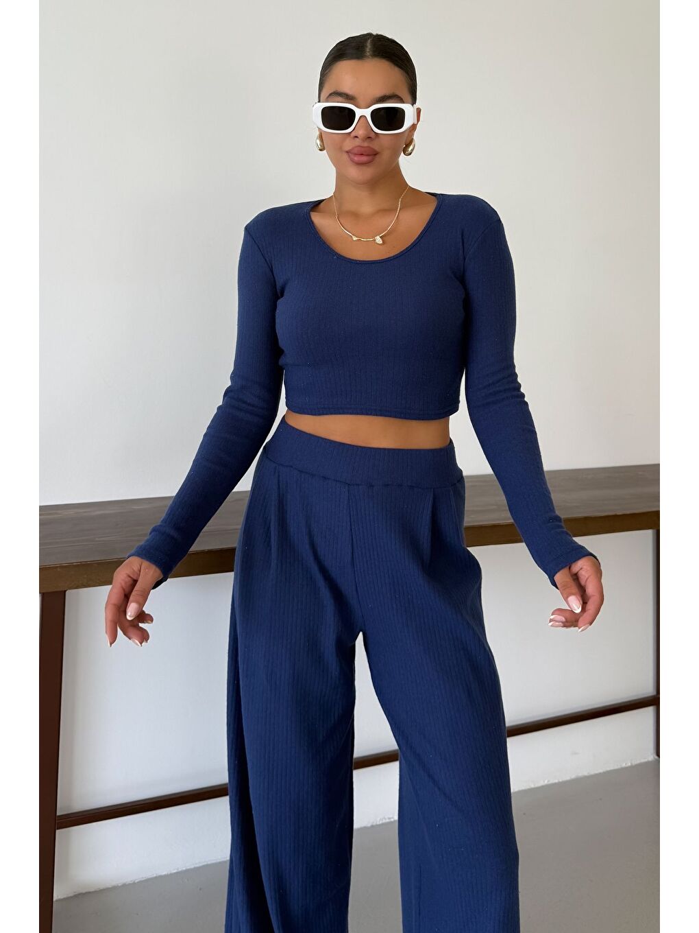 Kadın Lacivert Yuvarlak Yaka Bluzlu Alt-Üst Pantolonlu İnterlok Takım-5