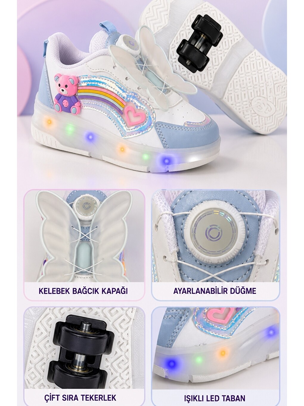 Mavi Çocuk Işıklı Patenli Tekerlekli Sneaker Spor Ayakkabı-3