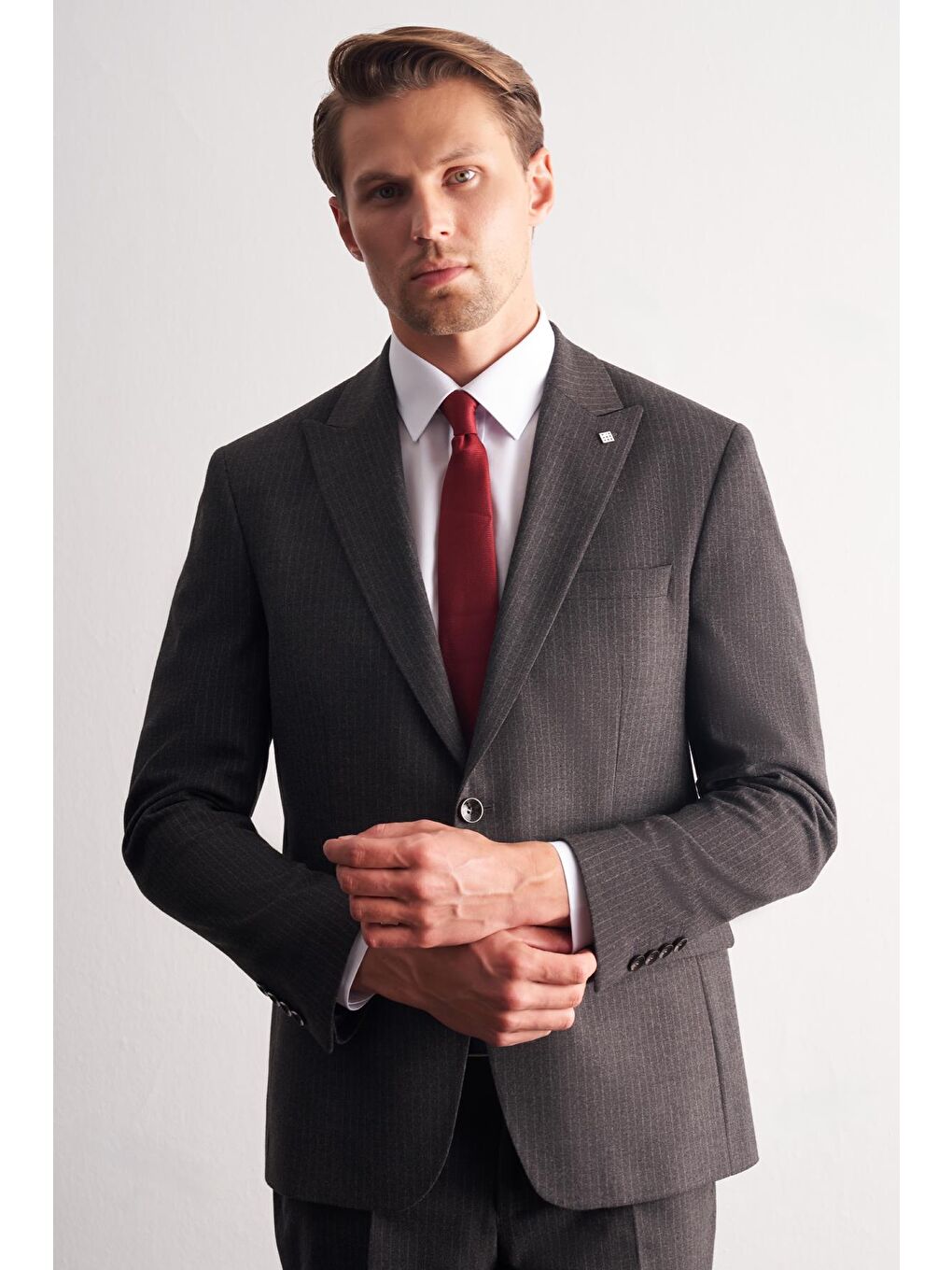 Koyu Antrasit Kırlangıç Yaka Çizgili Desen Esnek 6 Drop Slim Fit Classic Takım Elbise 1001255165-2