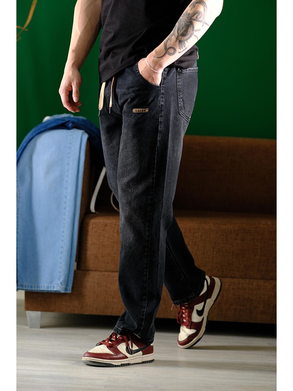 Siyah Reax Rayn Beli Lastikli İpli Düz Paça Rahat Kesim Erkek Jean Pantolon