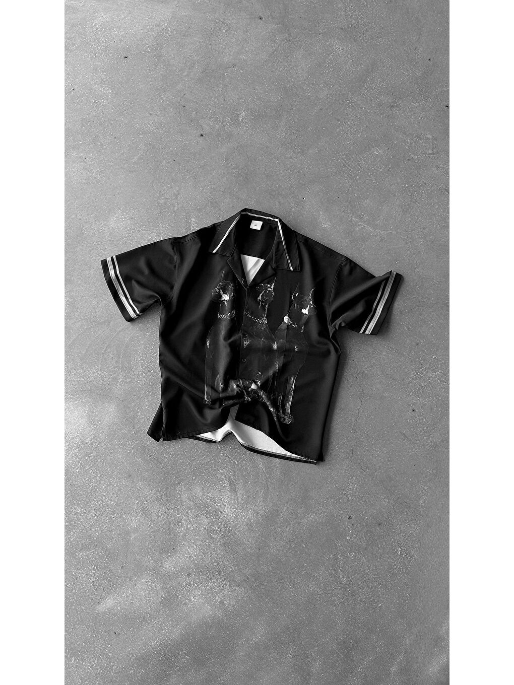 Erkek Süper Oversize Doberman Desenli Kısa Kollu %100 Pamuk Gömlek Siyah-5