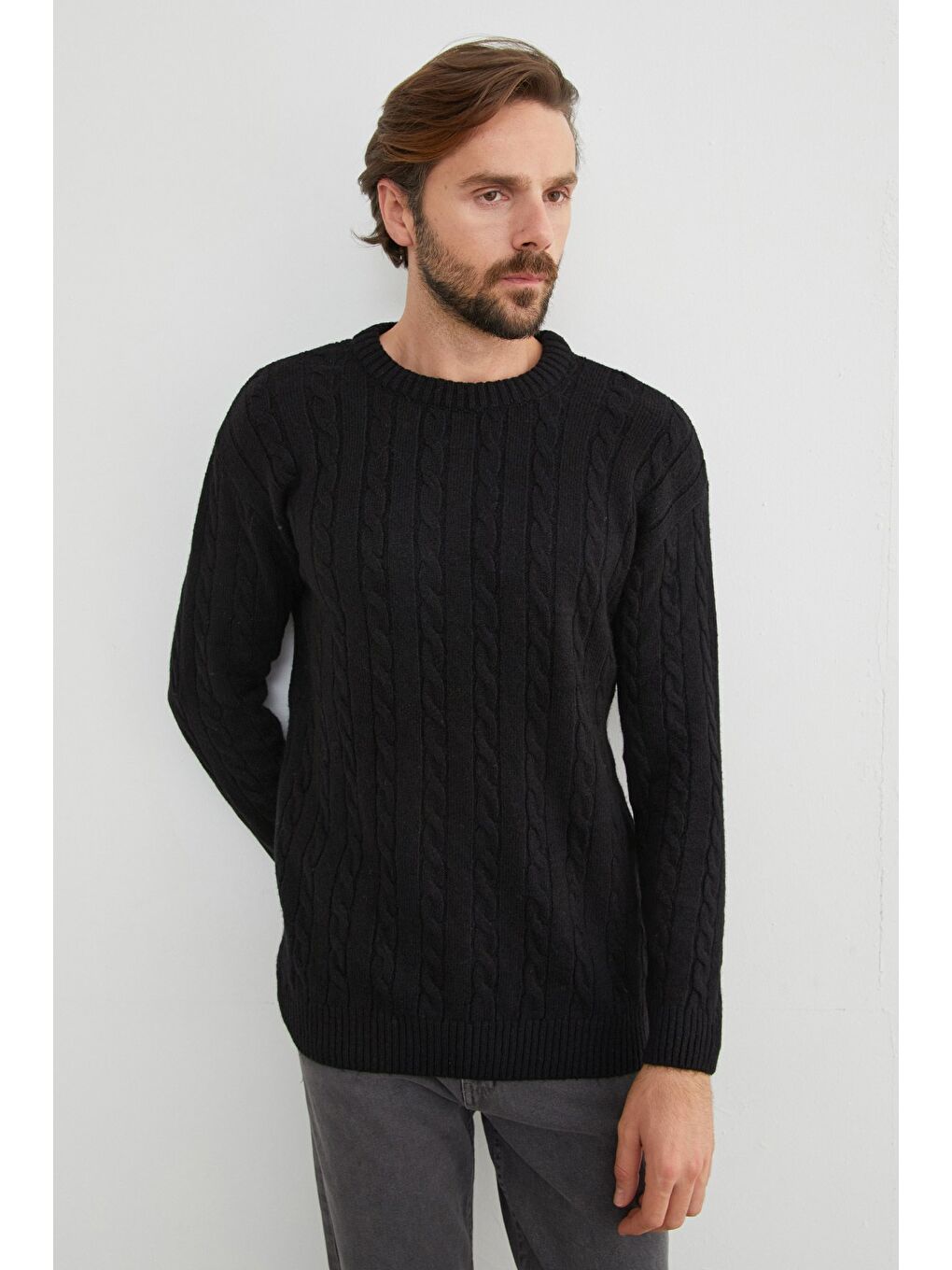 Siyah Saç Örgüsü Desenli Bisiklet Yaka Kazak-4