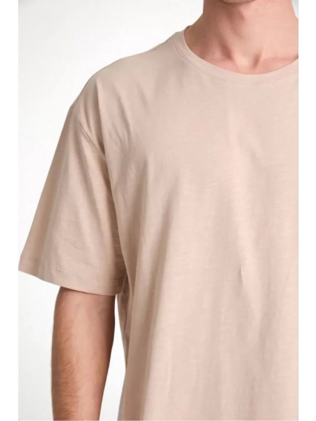 Unisex Düz Biskilet Yaka Oversize T-shirt - Bej-2