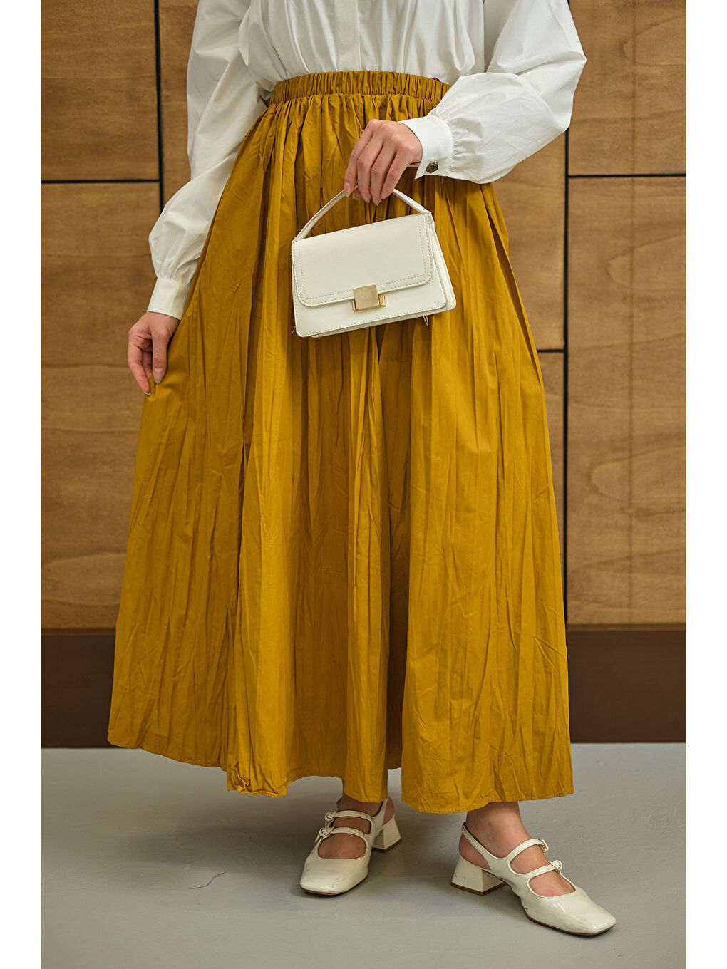 Sarı Kadın Beli Lastikli Kırışık Detay Etek Hardal-1