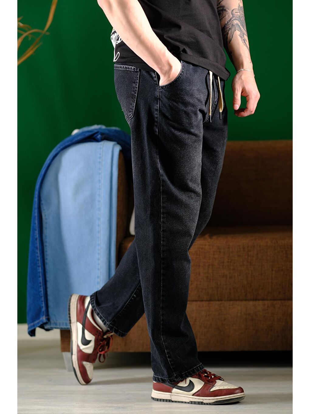 Siyah Reax Rayn Beli Lastikli İpli Düz Paça Rahat Kesim Erkek Jean Pantolon-2