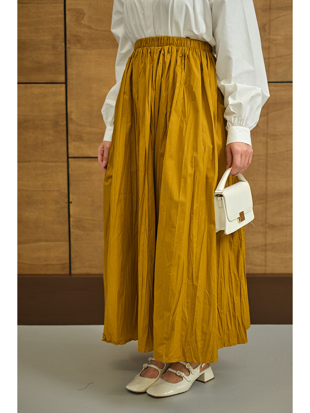 Sarı Kadın Beli Lastikli Kırışık Detay Etek Hardal-2