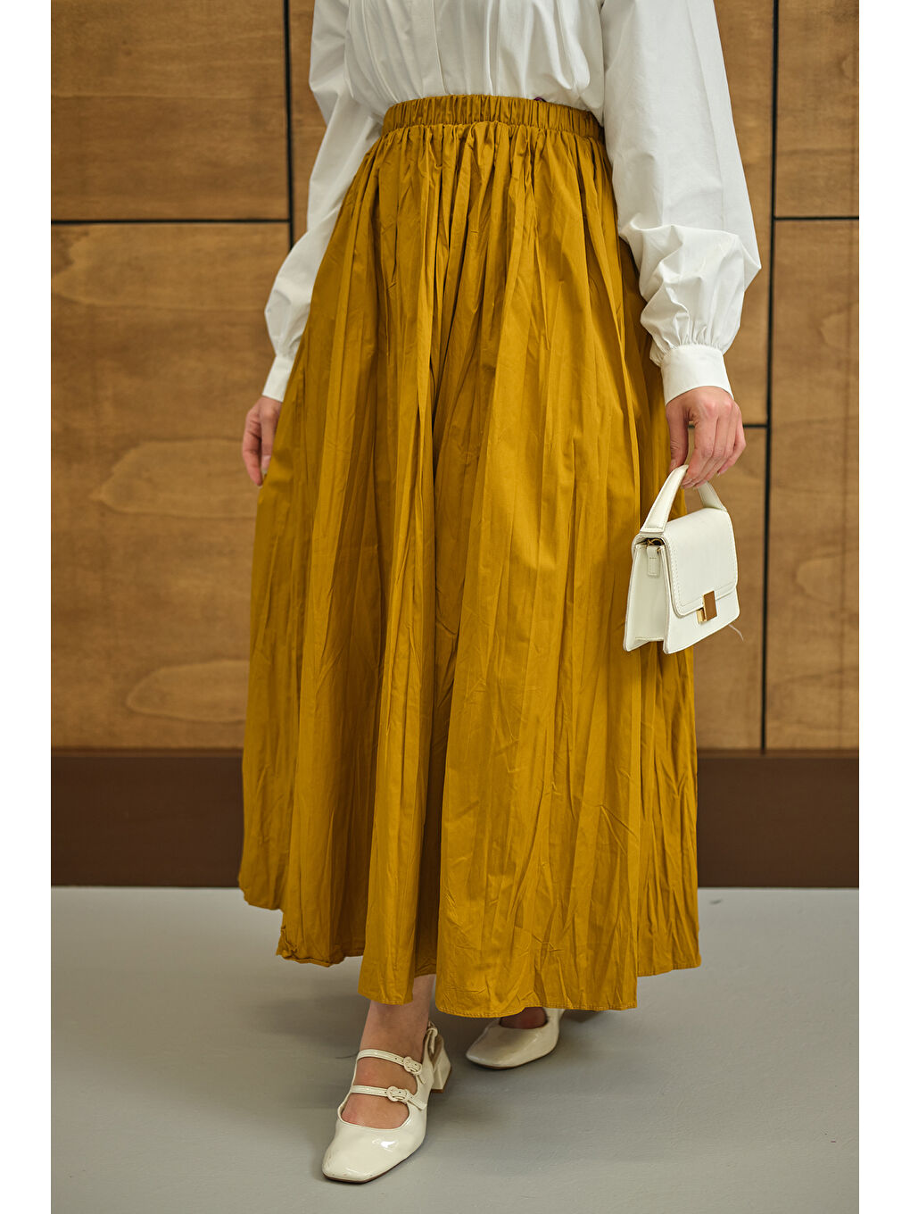 Sarı Kadın Beli Lastikli Kırışık Detay Etek Hardal-3