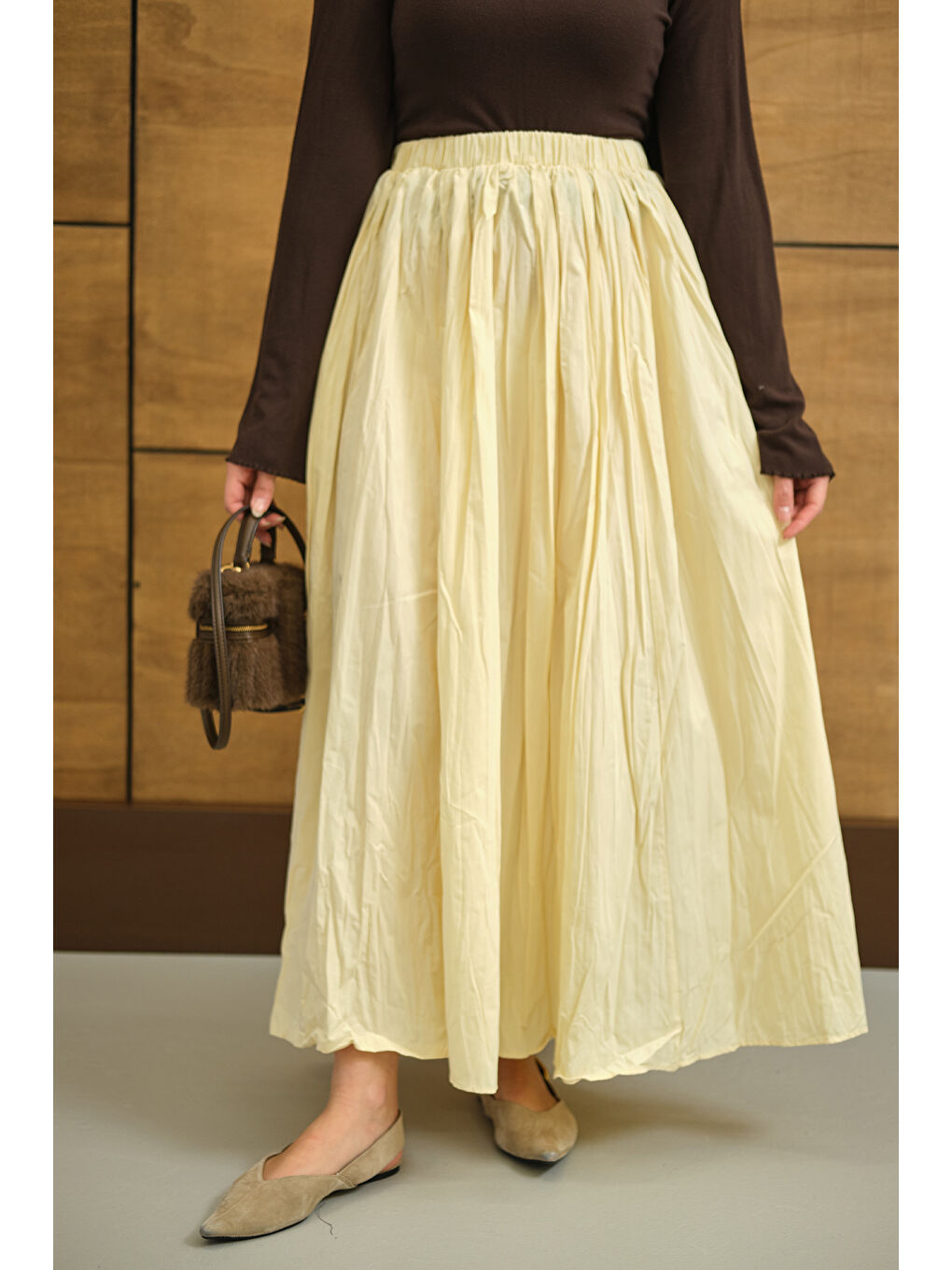 Kadın Beli Lastikli Kırışık Detay Etek Sarı-1