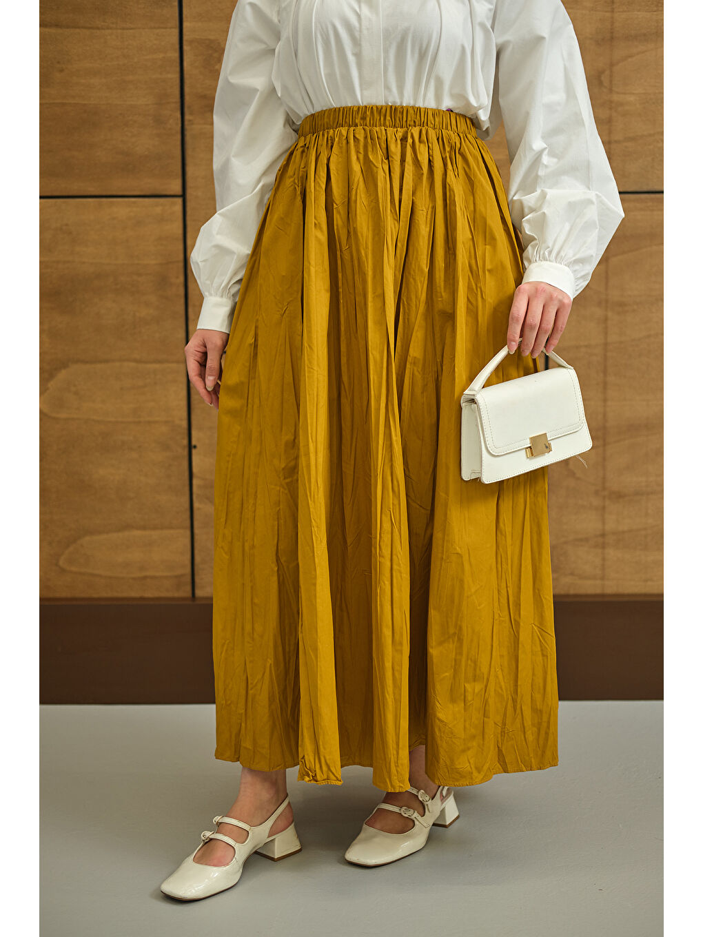 Sarı Kadın Beli Lastikli Kırışık Detay Etek Hardal-4