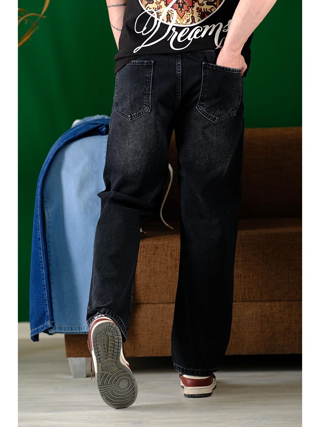 Siyah Reax Rayn Beli Lastikli İpli Düz Paça Rahat Kesim Erkek Jean Pantolon-4