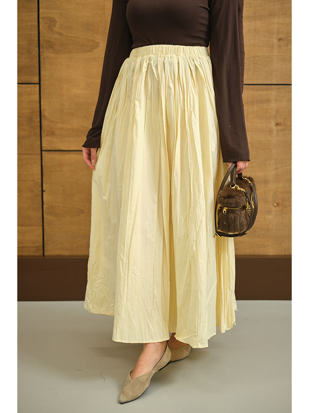 Kadın Beli Lastikli Kırışık Detay Etek Sarı-3