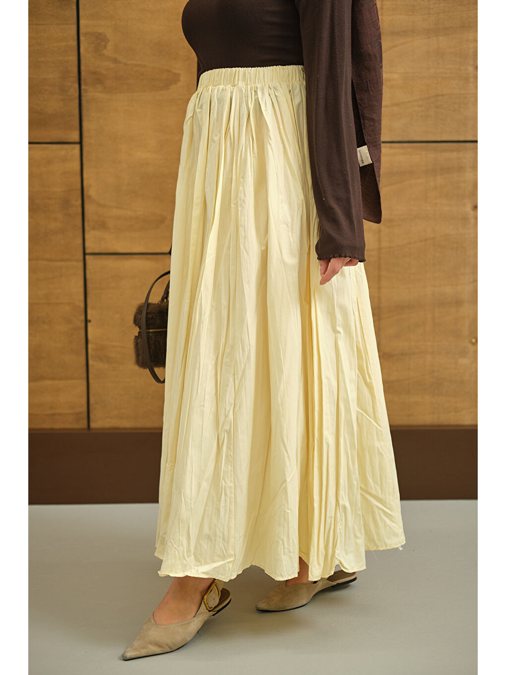 Kadın Beli Lastikli Kırışık Detay Etek Sarı-4