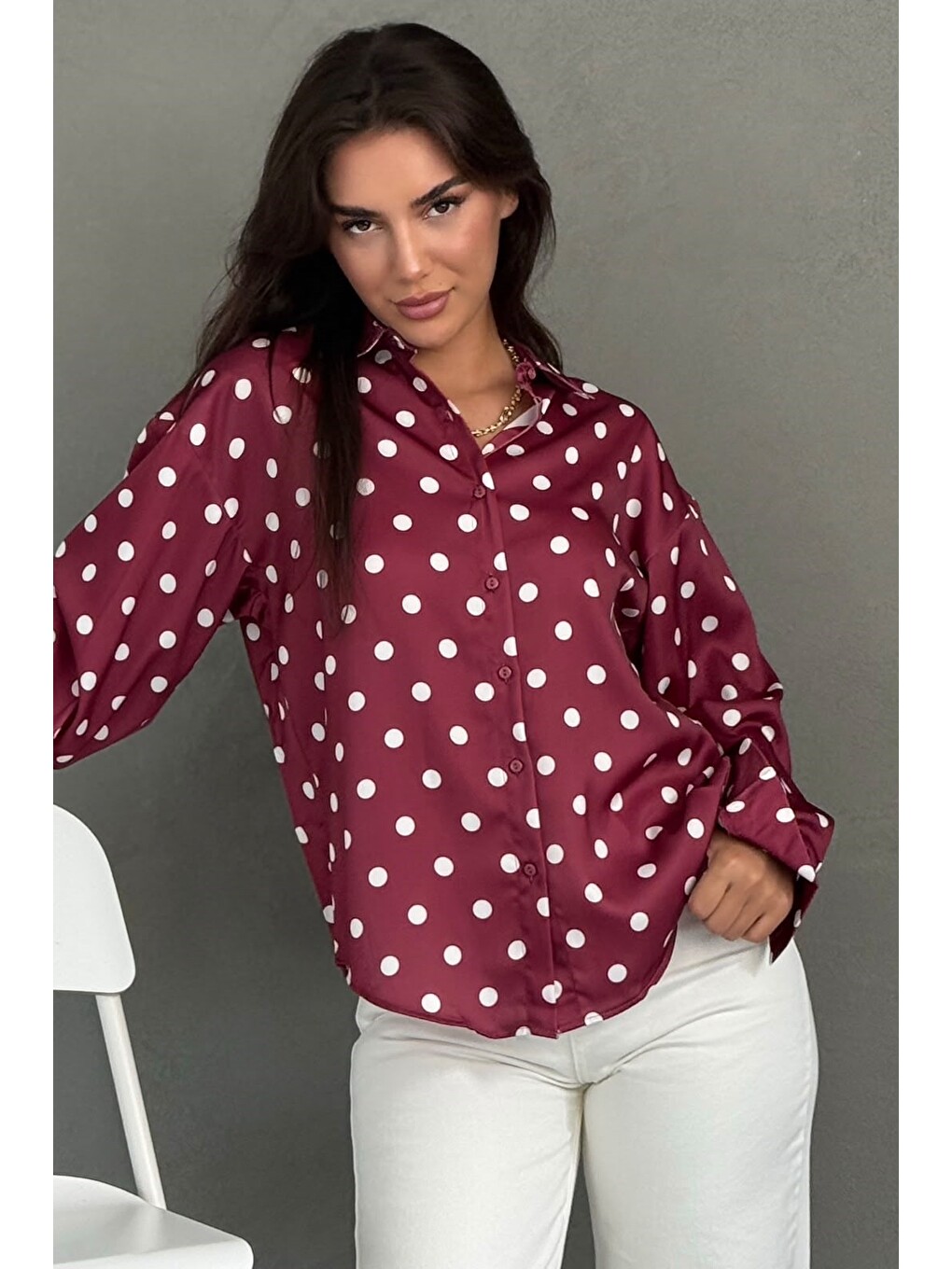 Bordo Puantiyeli Saten Kadın Gömlek Mg2869-1