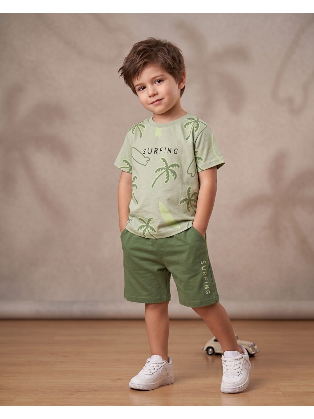 Yeşil Erkek Çocuk Yazlık Palmiye Baskılı Şort T-shirt 2'li Takım-1
