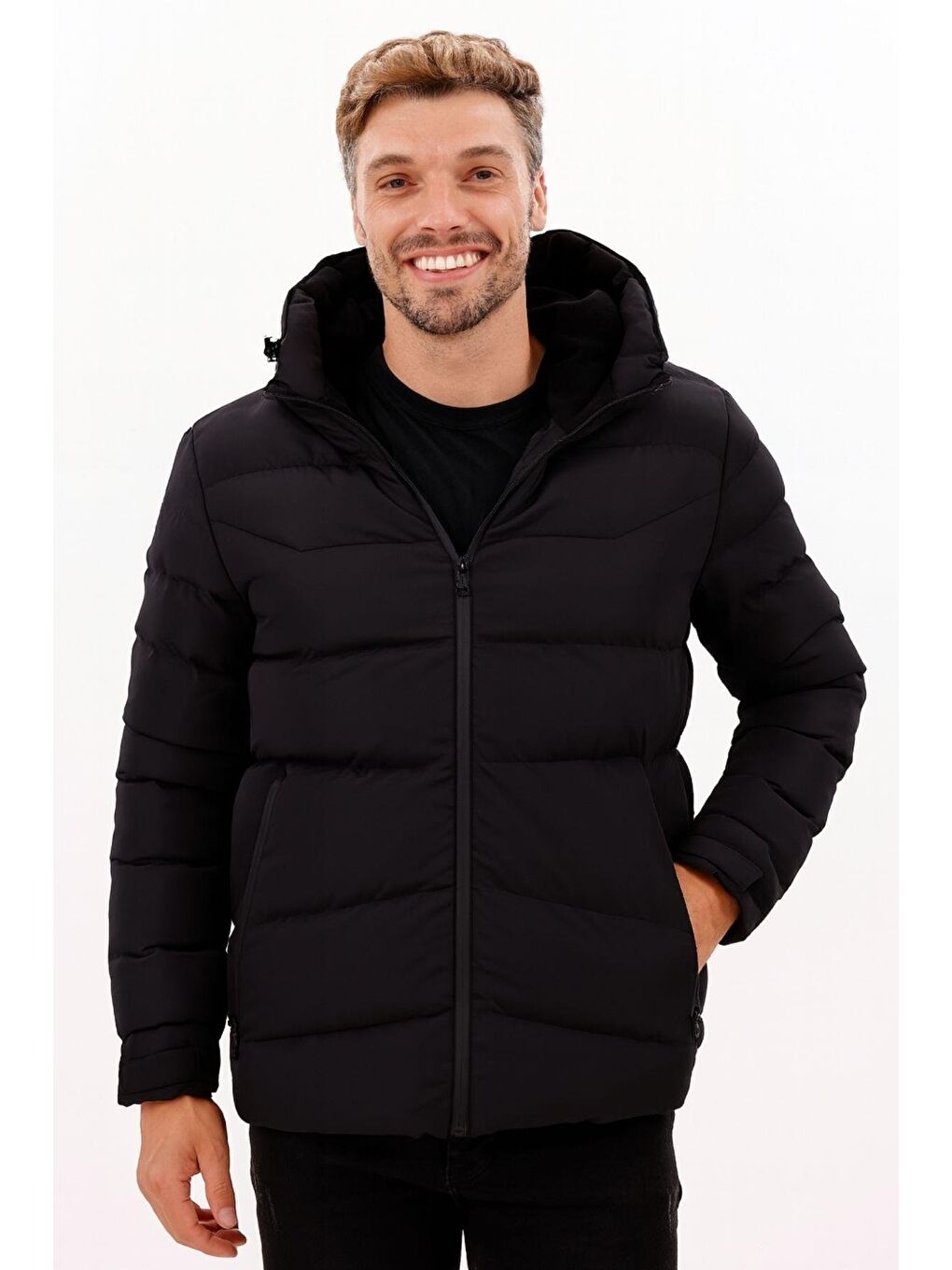 Siyah Erkek Kapüşonlu Polarlı Kürklü Su Geçirmez Rüzgara Dayanıklı Şişme Mont Kaban Parka