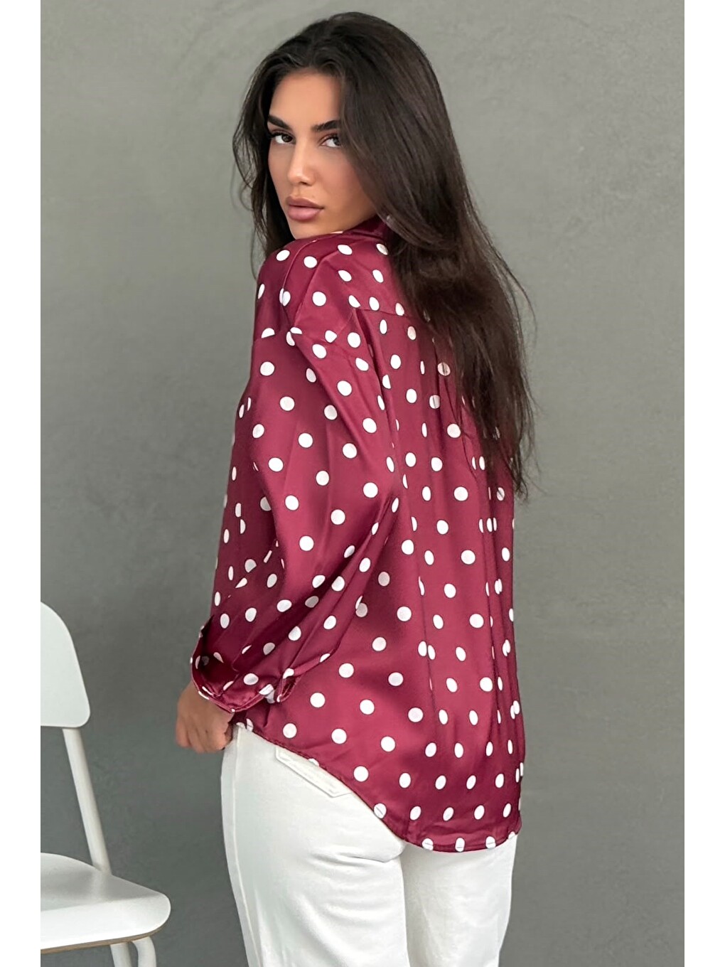 Bordo Puantiyeli Saten Kadın Gömlek Mg2869-2
