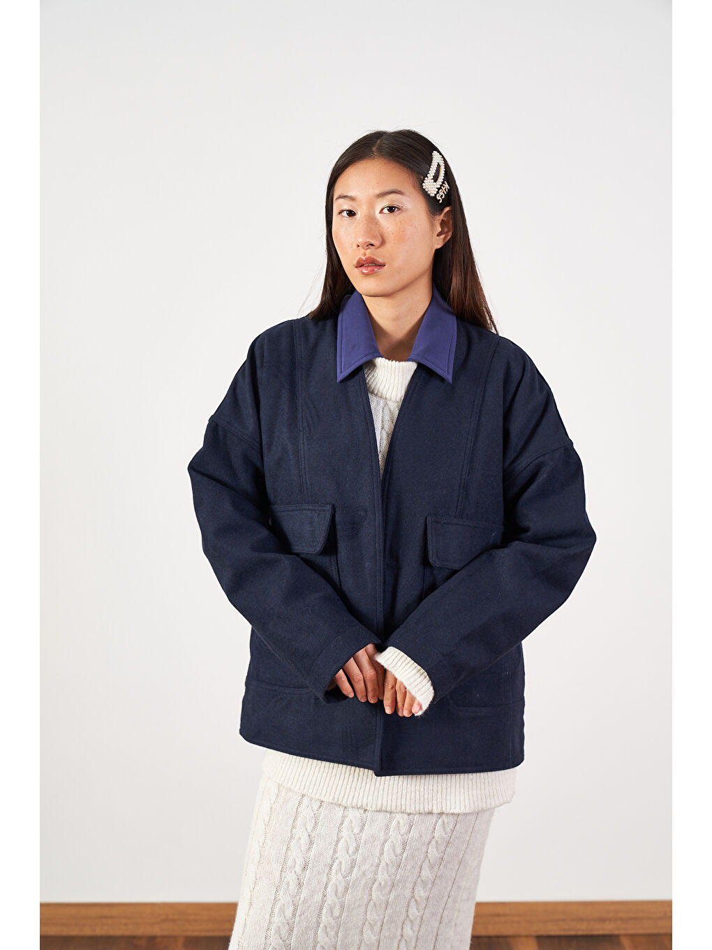 Kısa İnce Kaşe Kaban Lacivert-3