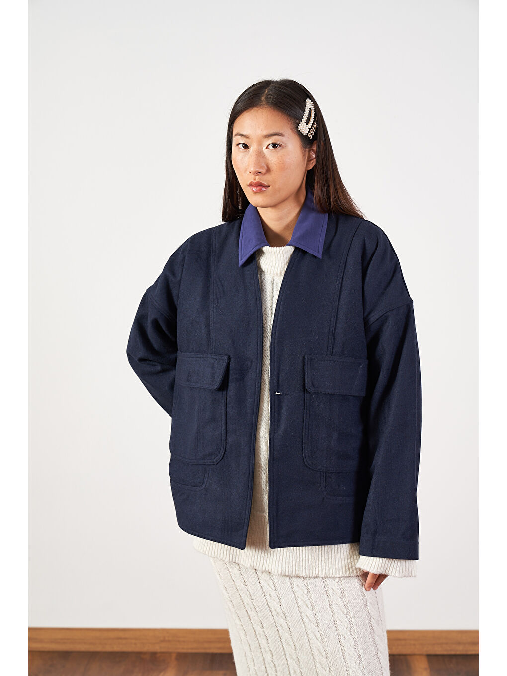 Kısa İnce Kaşe Kaban Lacivert-4