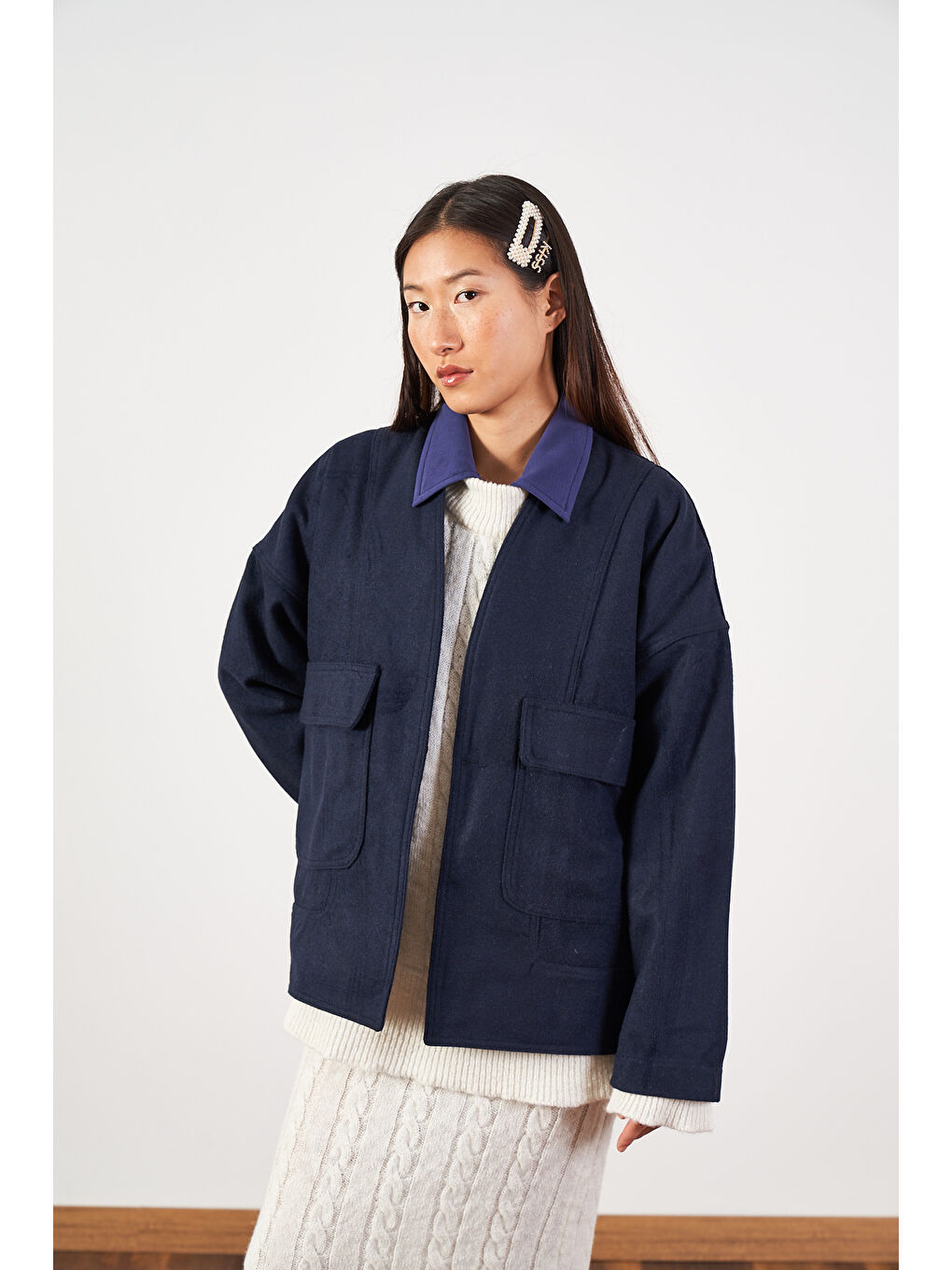 Kısa İnce Kaşe Kaban Lacivert-5