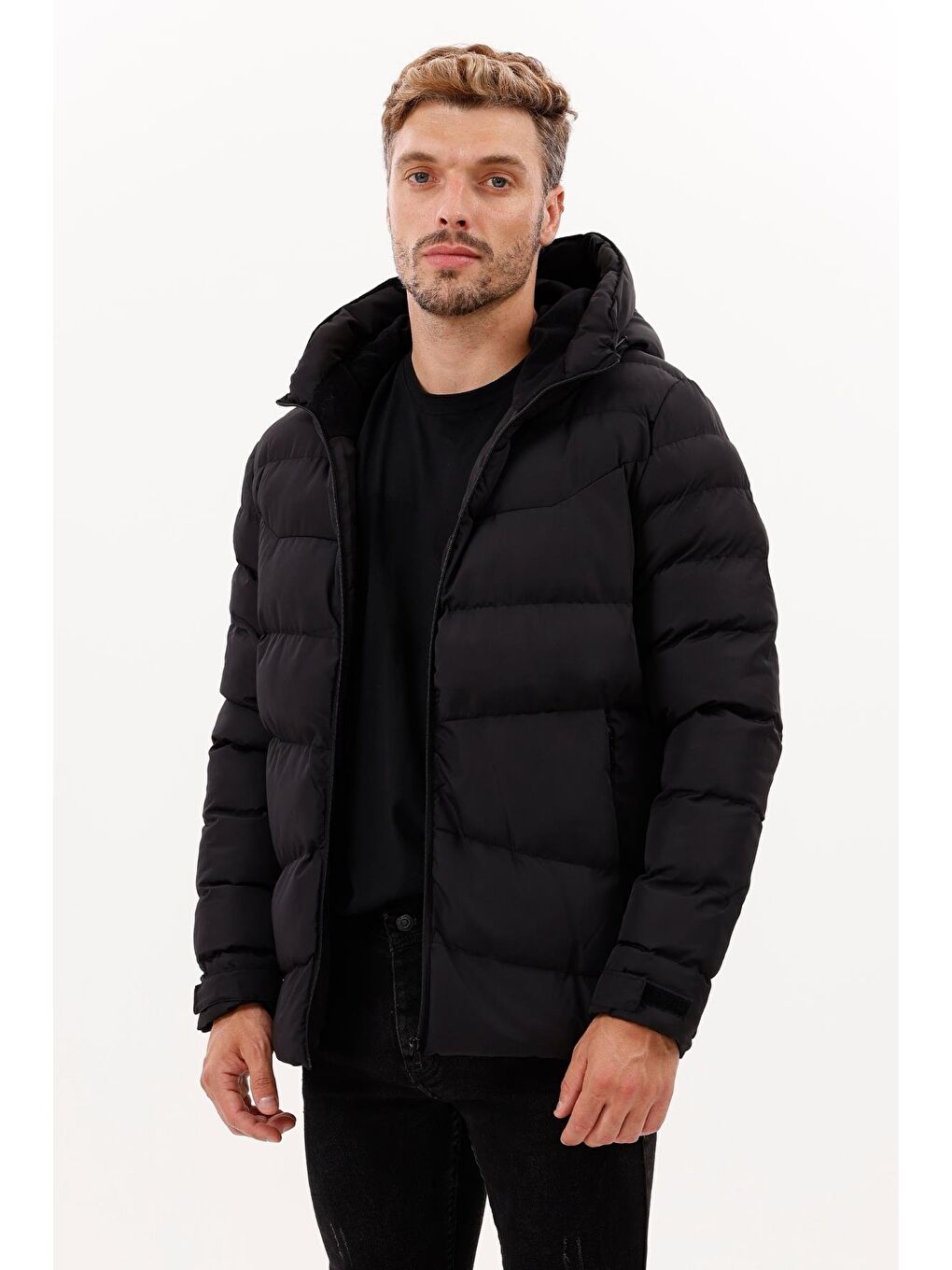 Siyah Erkek Kapüşonlu Polarlı Kürklü Su Geçirmez Rüzgara Dayanıklı Şişme Mont Kaban Parka-1