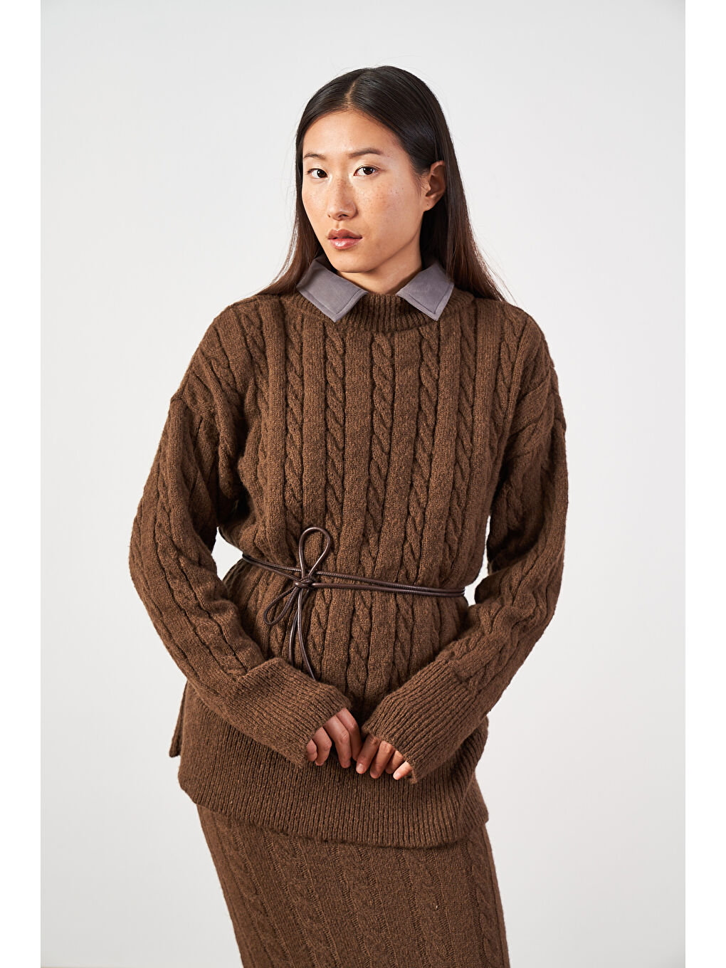 Kahverengi Saç Örgü Oversize Triko Kazak Kahve-1