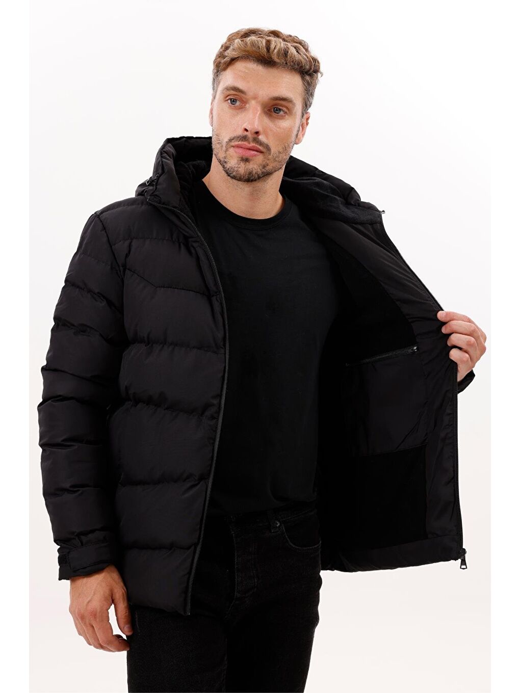 Siyah Erkek Kapüşonlu Polarlı Kürklü Su Geçirmez Rüzgara Dayanıklı Şişme Mont Kaban Parka-2