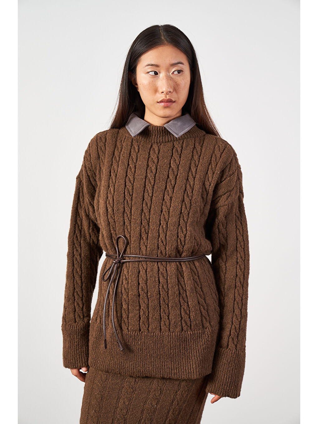 Kahverengi Saç Örgü Oversize Triko Kazak Kahve-2