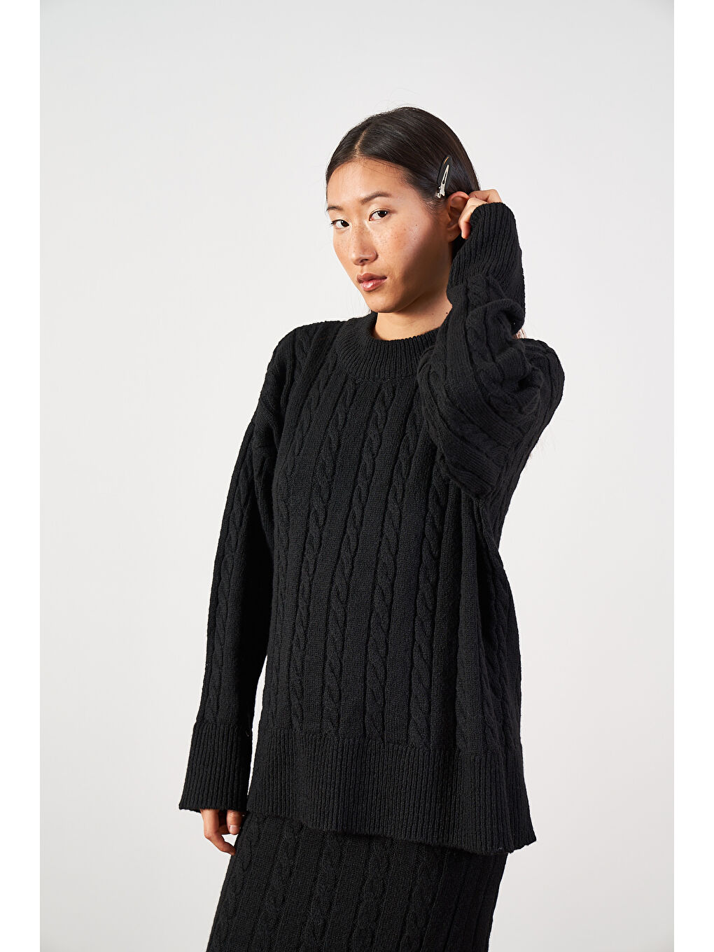 Saç Örgü Oversize Triko Kazak Siyah-2