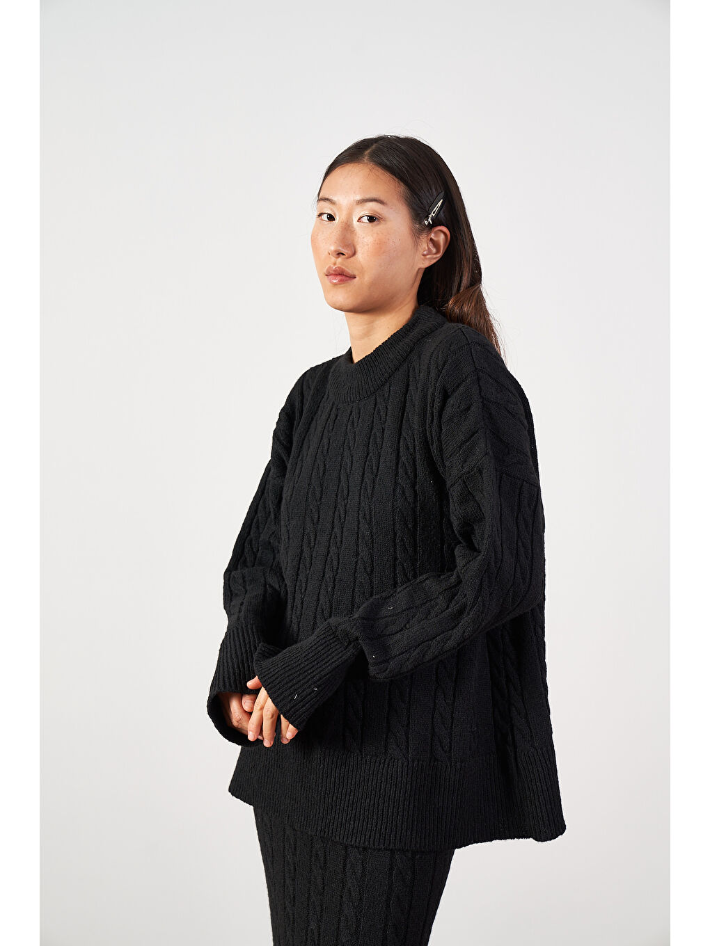 Saç Örgü Oversize Triko Kazak Siyah-3