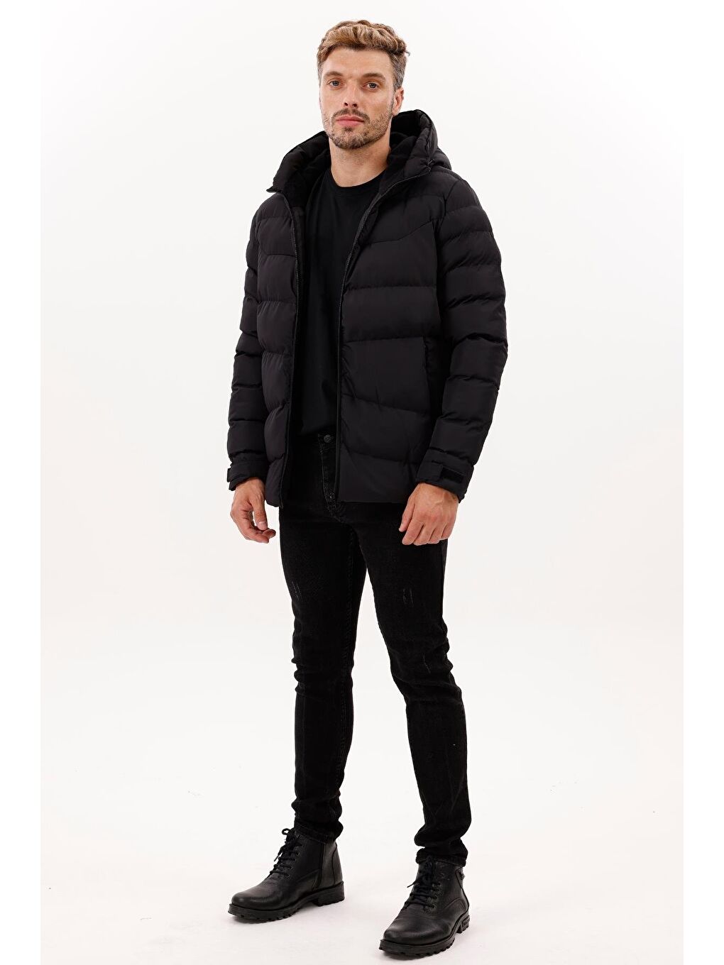 Siyah Erkek Kapüşonlu Polarlı Kürklü Su Geçirmez Rüzgara Dayanıklı Şişme Mont Kaban Parka-3
