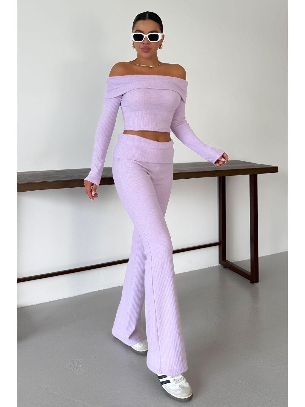 Mor Kadın Eflatun Madonna Yaka Alt-Üst Pantolonlu İnterlok Takım-1