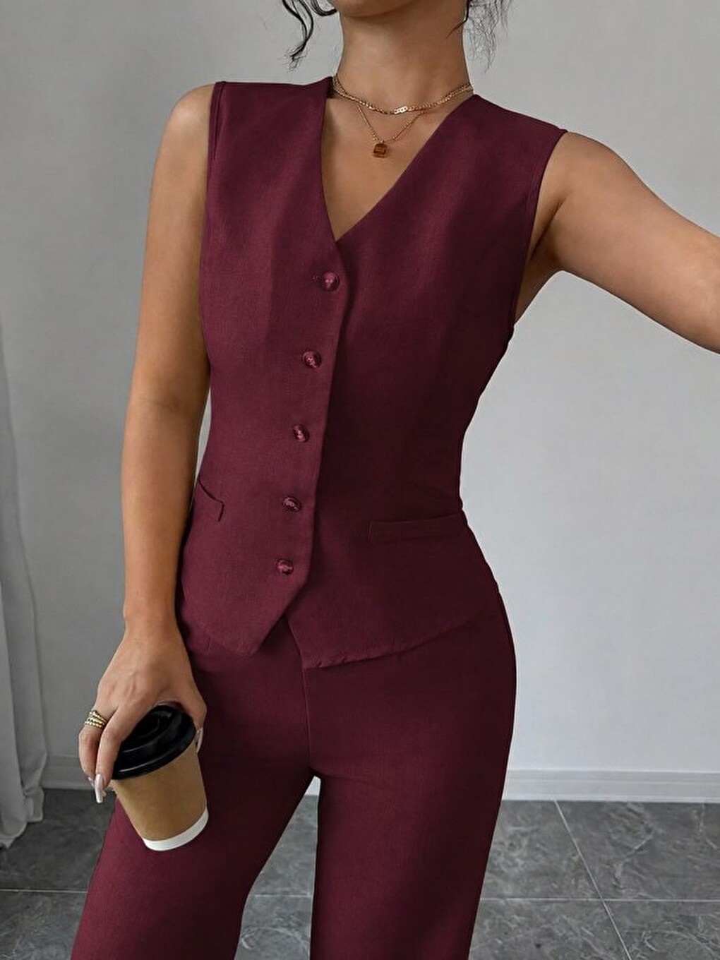 Bordo Kadın Askılı önden Düğmeli Bluz Ve Pantolon Keten Ikili Takım-1