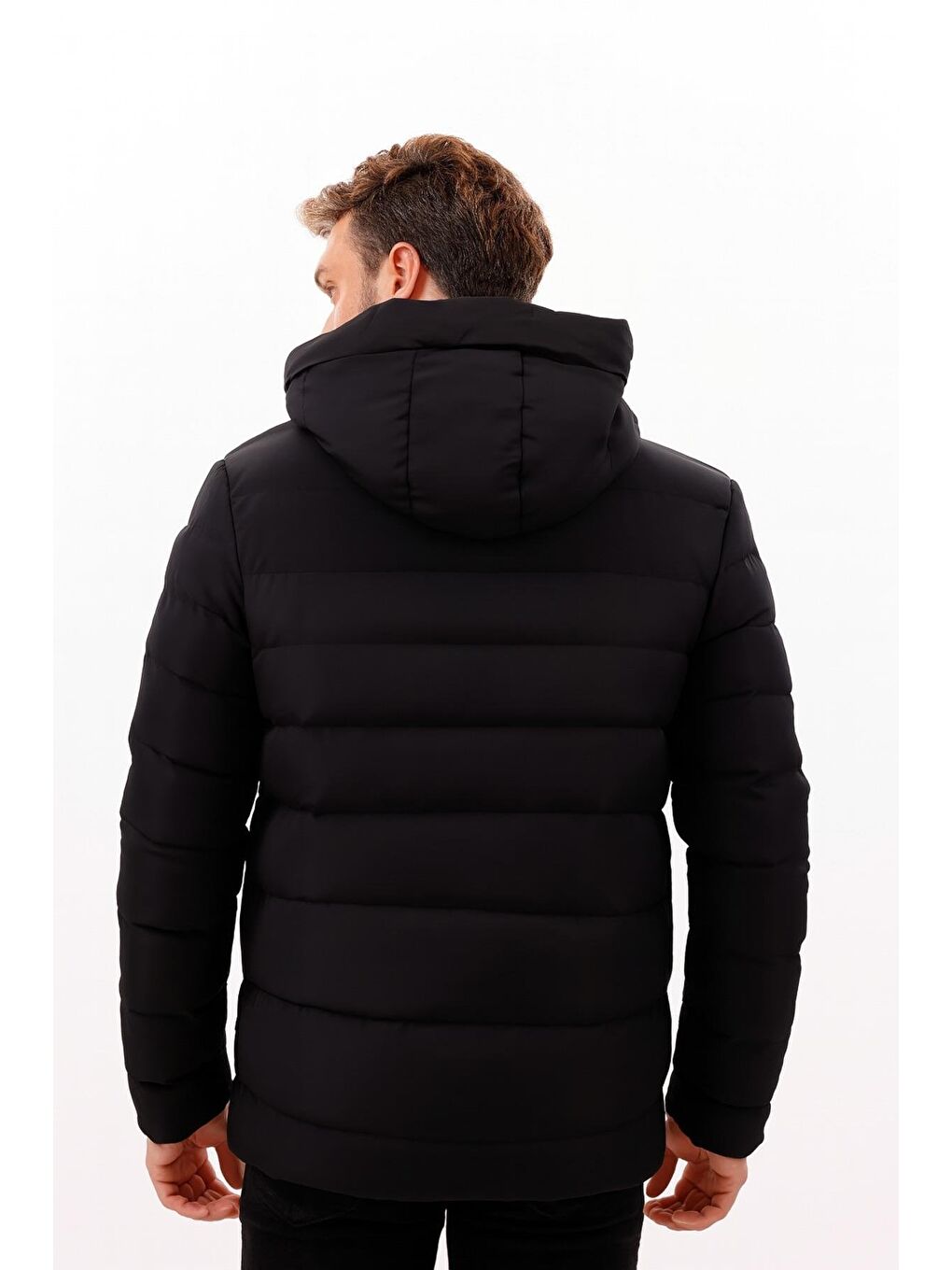 Siyah Erkek Kapüşonlu Polarlı Kürklü Su Geçirmez Rüzgara Dayanıklı Şişme Mont Kaban Parka-5