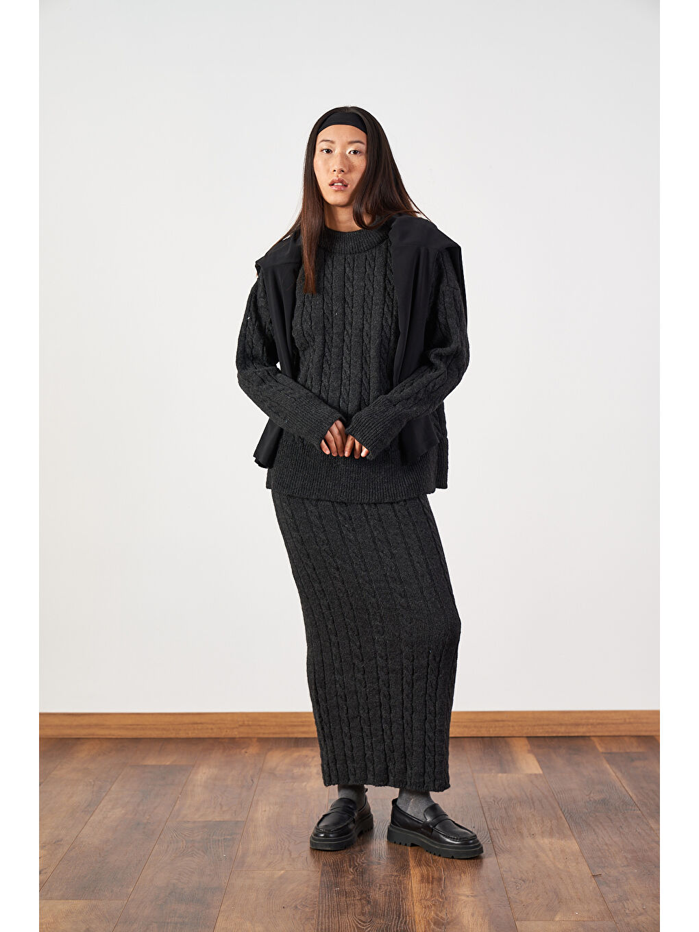 Saç Örgü Desenli Triko Etek Antrasit-1