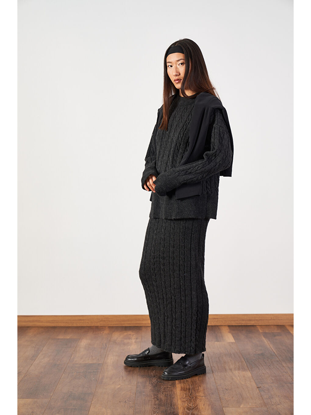 Saç Örgü Desenli Triko Etek Antrasit-2