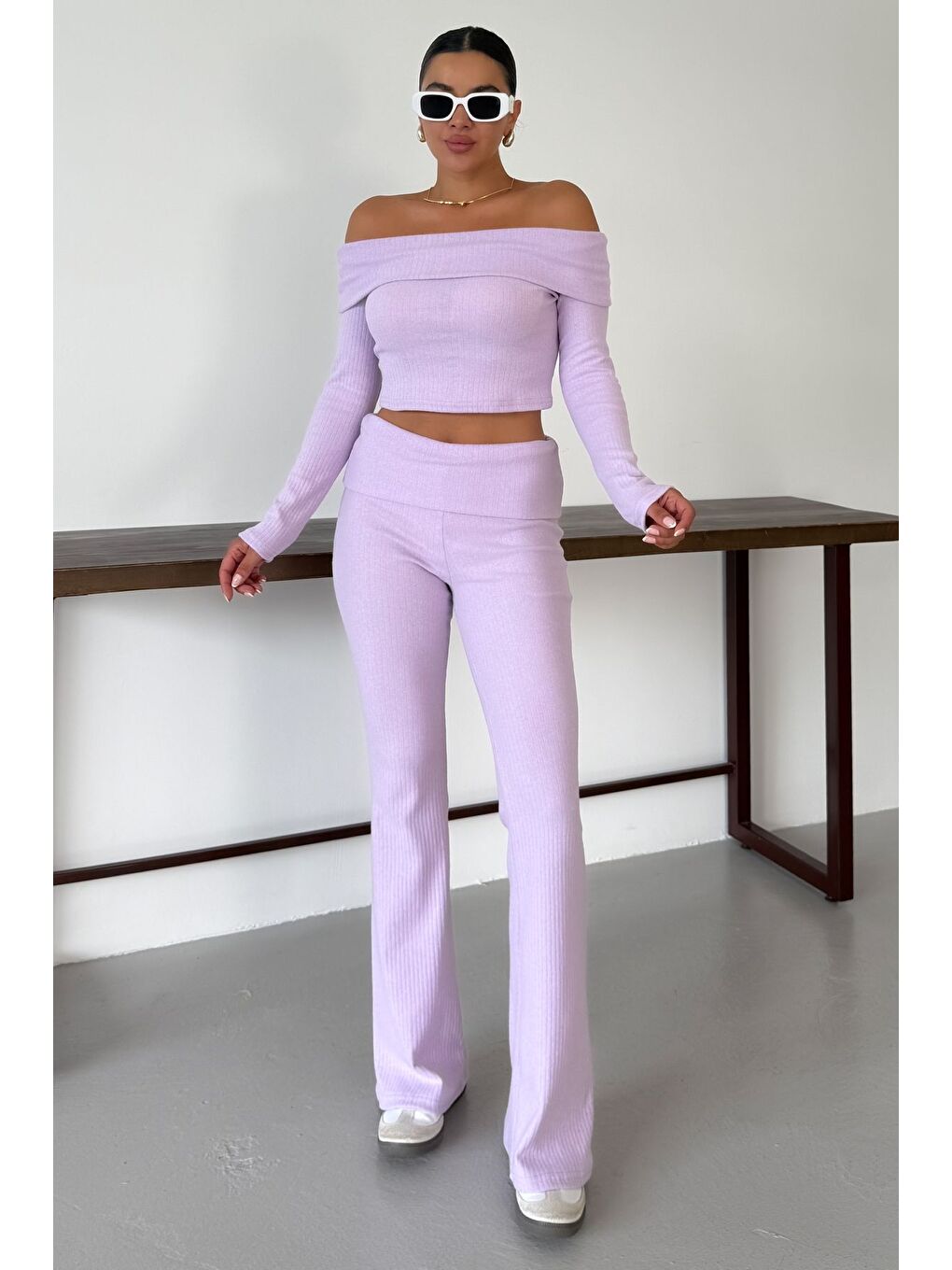 Mor Kadın Eflatun Madonna Yaka Alt-Üst Pantolonlu İnterlok Takım-2