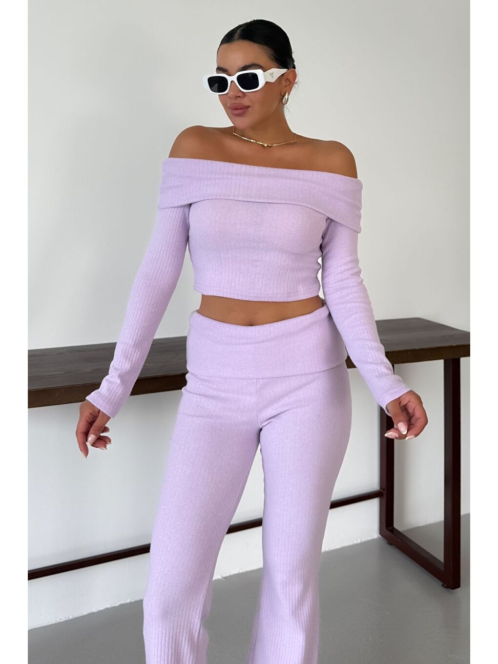 Mor Kadın Eflatun Madonna Yaka Alt-Üst Pantolonlu İnterlok Takım-3