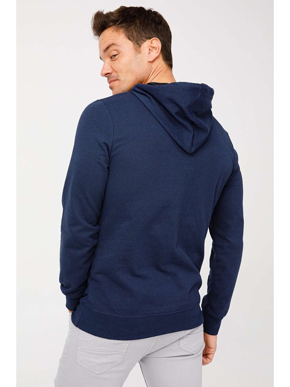 Erkek Lacivert Modernfit / Ekstra Dar Kalıp Kapüşonlu Fermuarsız Sweatshirt-1