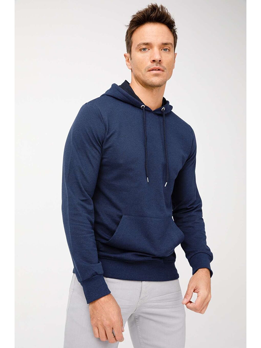 Erkek Lacivert Modernfit / Ekstra Dar Kalıp Kapüşonlu Fermuarsız Sweatshirt-2
