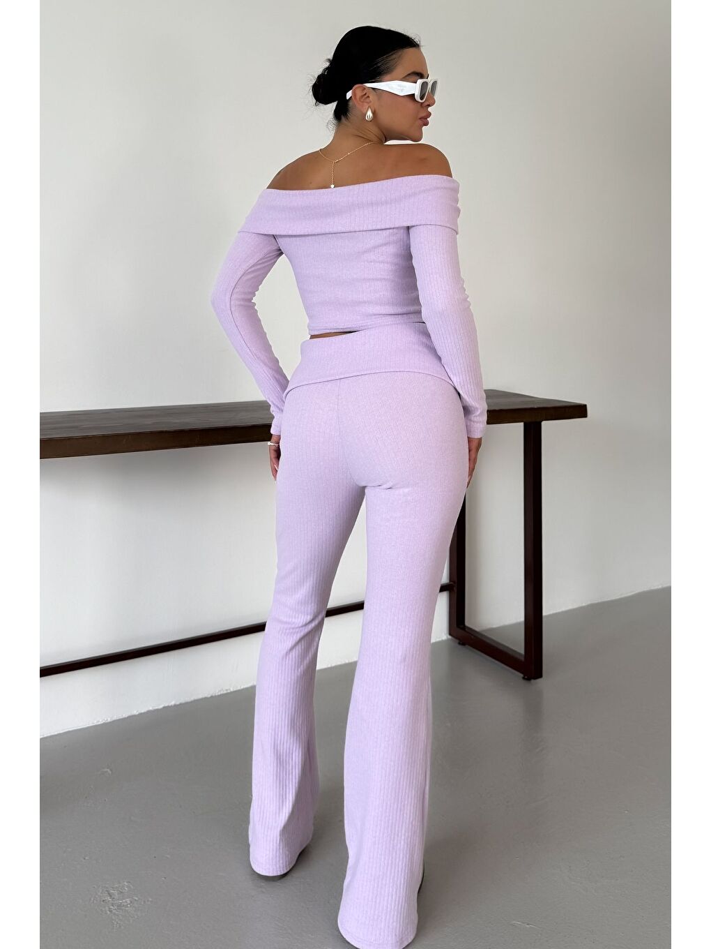 Mor Kadın Eflatun Madonna Yaka Alt-Üst Pantolonlu İnterlok Takım-4