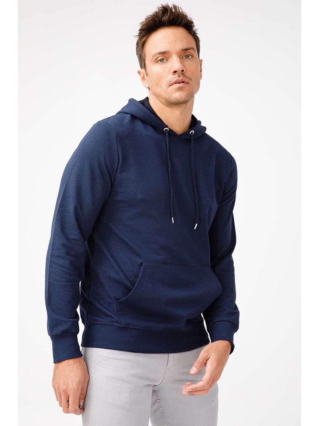 Erkek Lacivert Modernfit / Ekstra Dar Kalıp Kapüşonlu Fermuarsız Sweatshirt-4