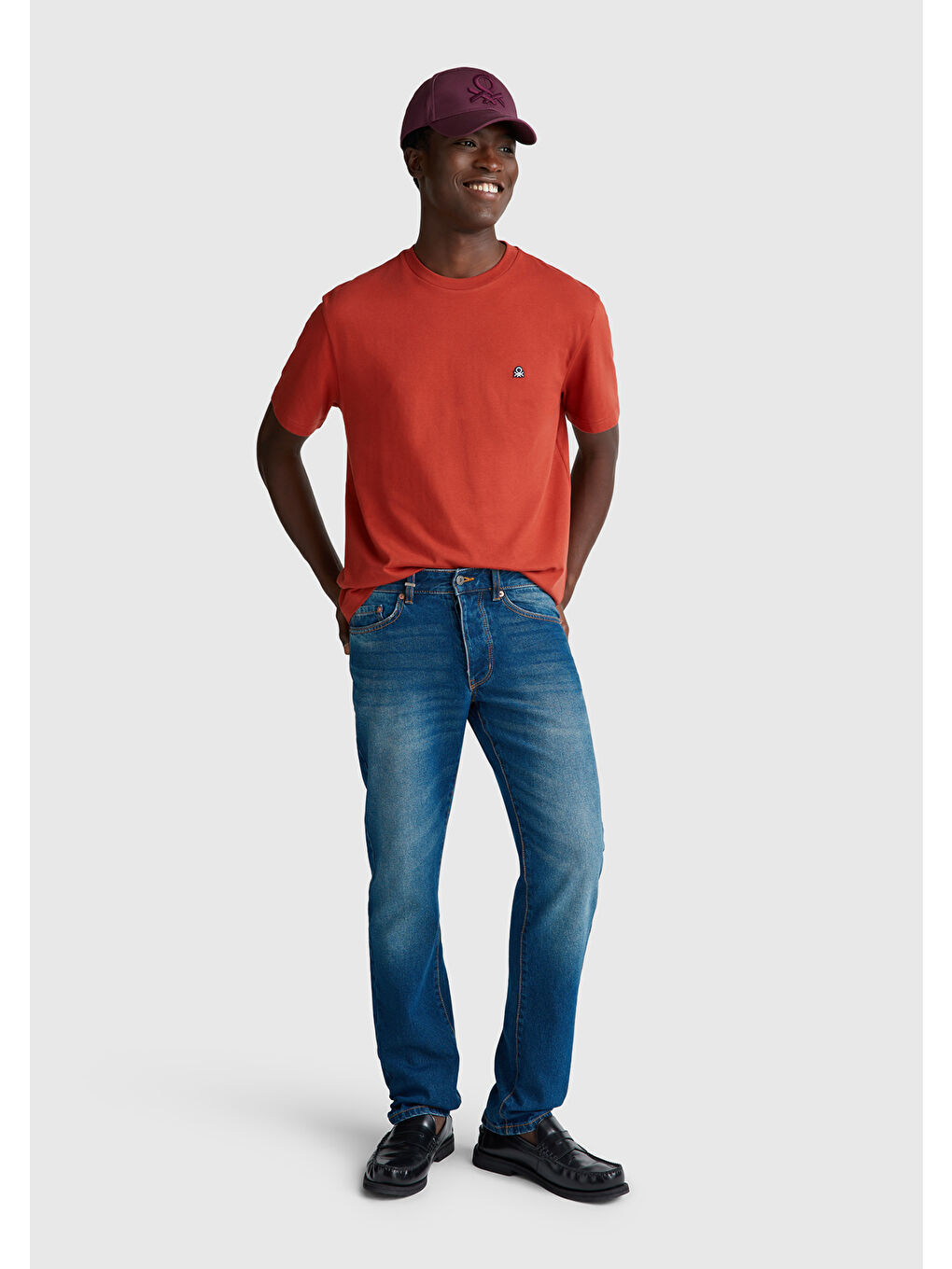 Erkek Kırmızı %100 Pamuk Benetton Logolu Bisiklet Yaka T-Shirt-4