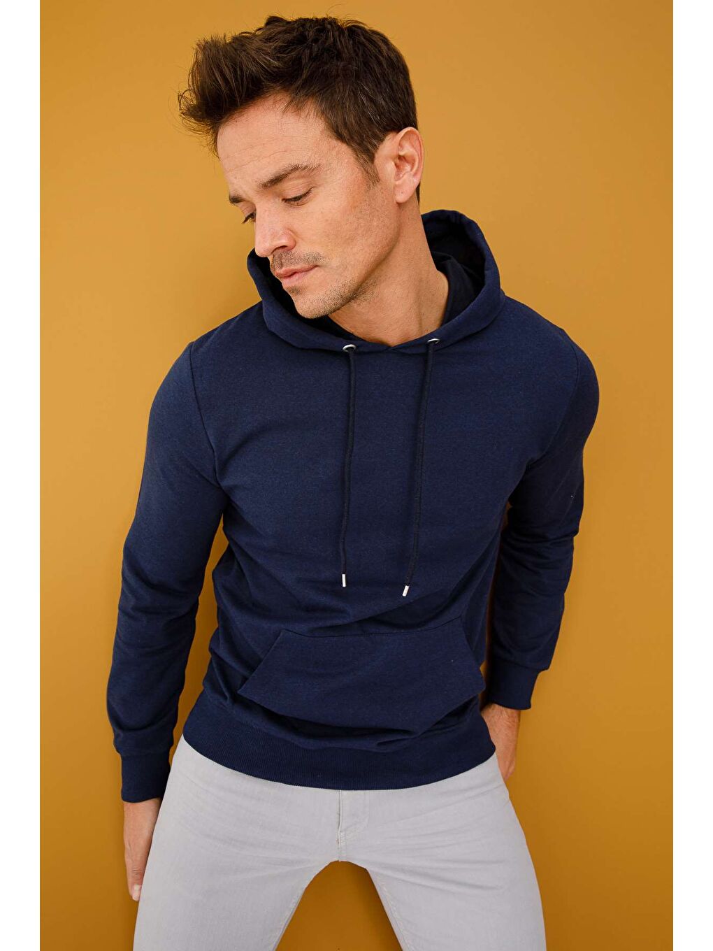 Erkek Lacivert Modernfit / Ekstra Dar Kalıp Kapüşonlu Fermuarsız Sweatshirt-5