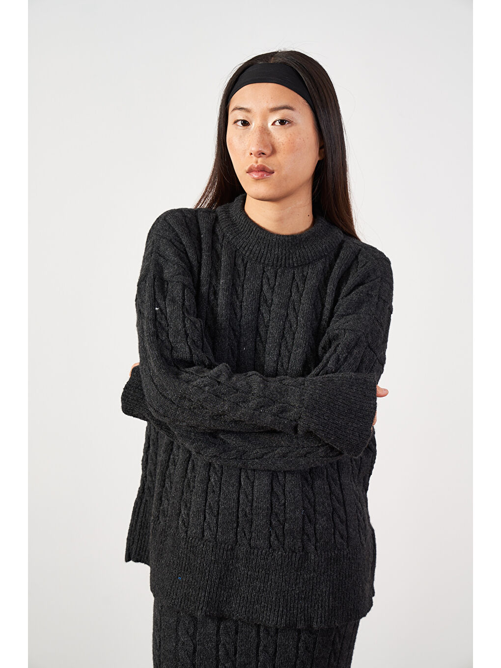 Saç Örgü Oversize Triko Kazak Antrasit-1