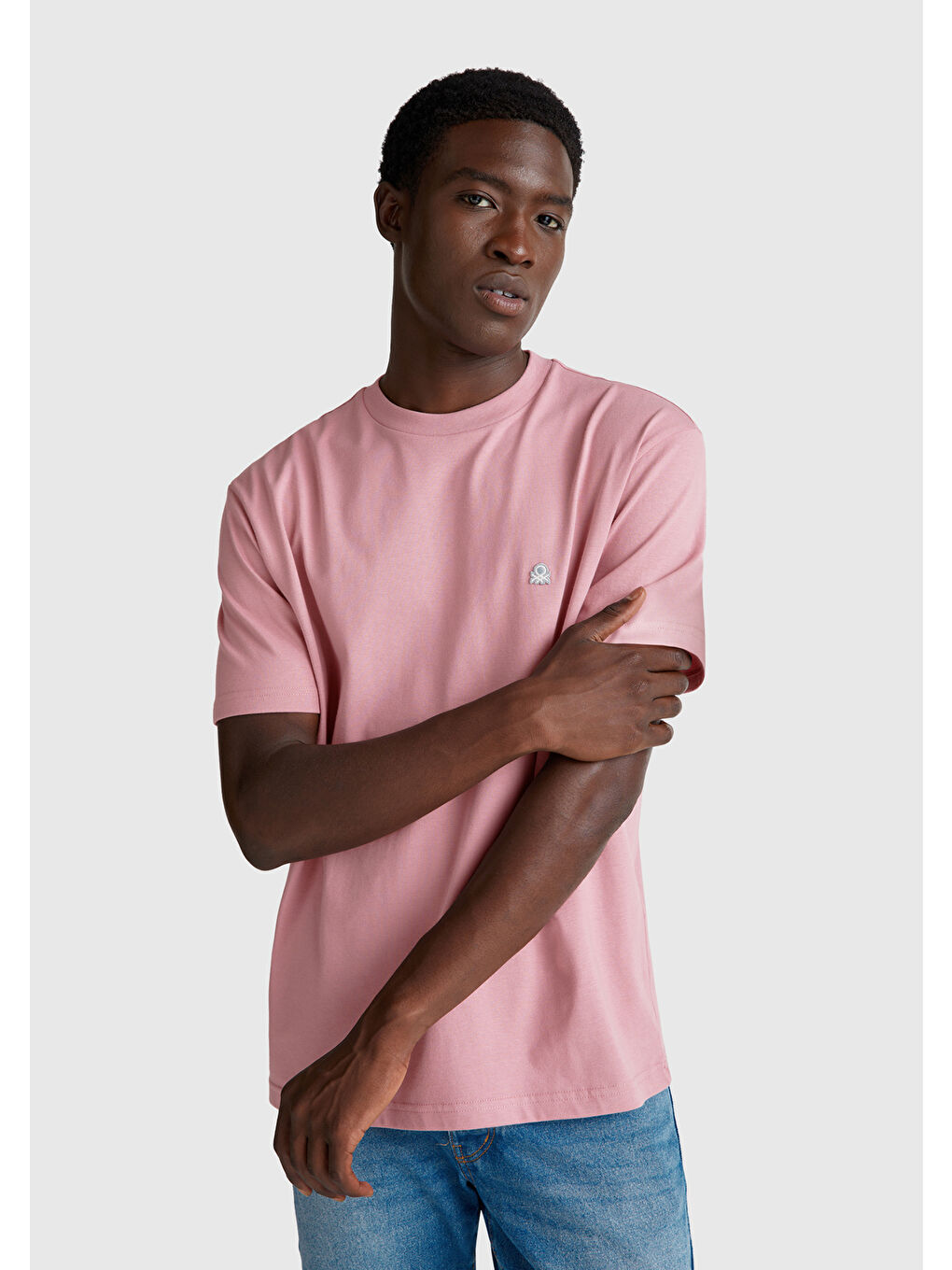 Erkek Koyu Pembe %100 Pamuk Benetton Logolu Bisiklet Yaka T-Shirt