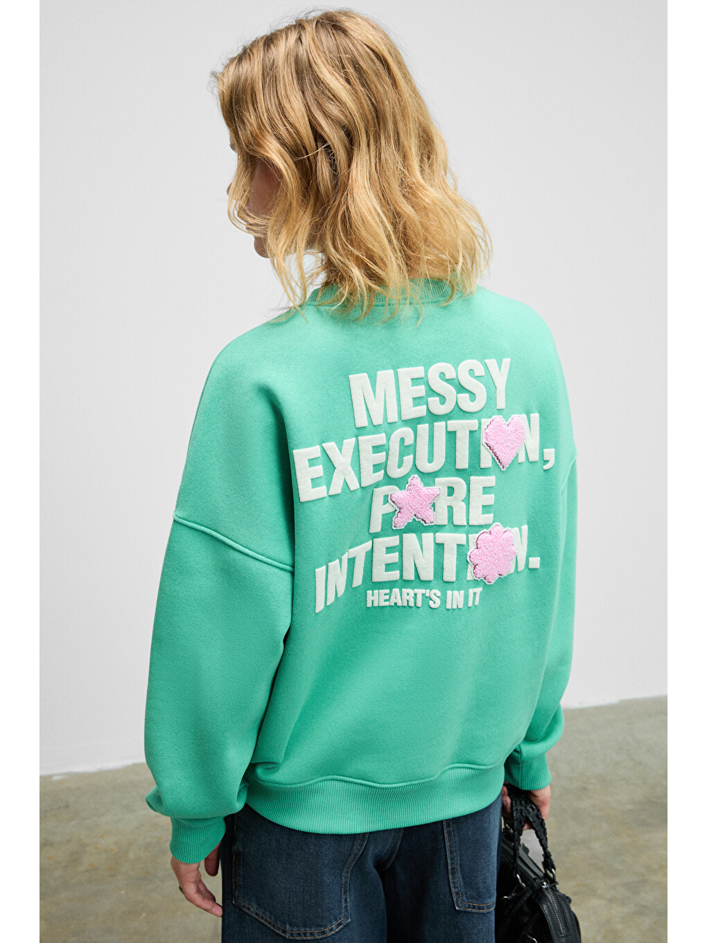 Prıence Kadın Yumuşak Kumaşlı Baskılı Ve Havlu Patchlı Yuvarlak Yaka Yeşil Sweatshirt-2